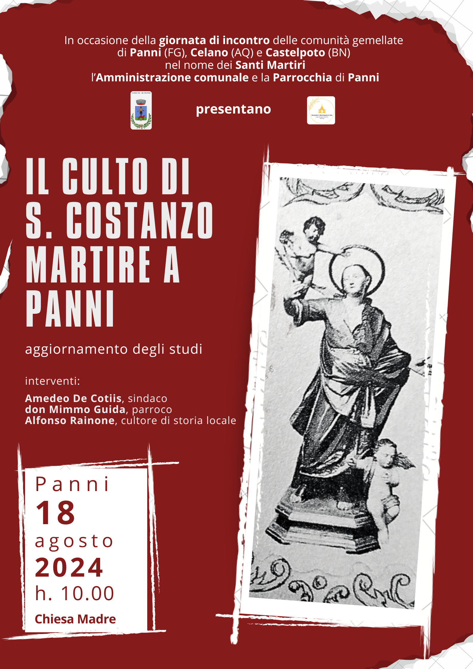 18 agosto 2024 GIORNATA DI INCONTRO DELLE COMUNITA’ GEMELLATE DI PANNI, CELANO E CASTELPOTO NEL NOME DI SAN COSTANZO M.